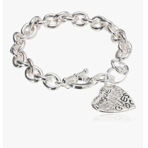 Guess Heart Graffiti Logo Silver Tone Toggle Bracelet